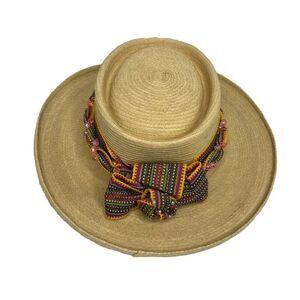 Gumarcaah Guatamala Handwoven Palm Beaded Bow‎ Women's Vintage Hat Size 6.5/52cm